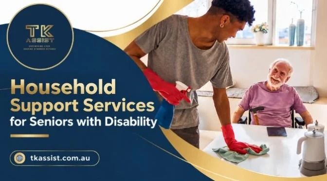 Help seniors with disability access household support services, with a carer assisting an elderly man with household tasks.